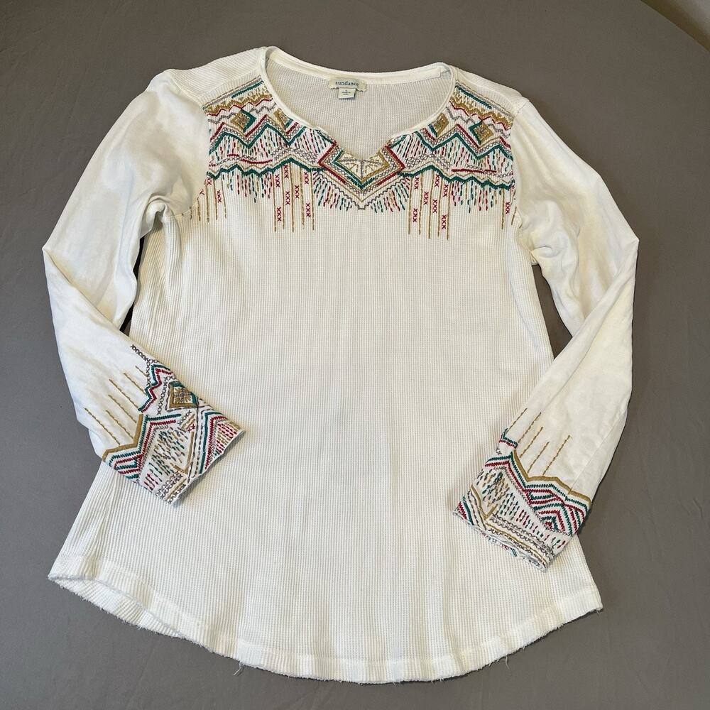 Sundance Size L Waffle Knit Embroidered Boho Casual Top Womens White Cottagecore